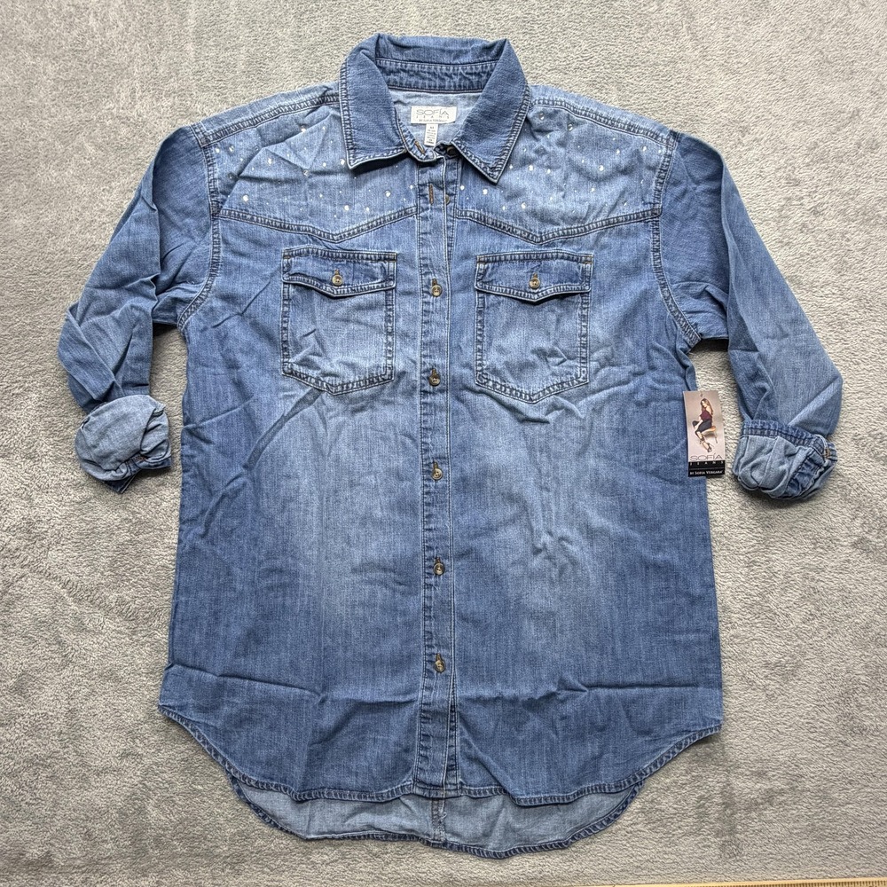 Sofia Jeans Denim Shirt‎ Womens Medium Blue Oversized BF Tunic Studded Top